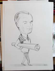 шаржист с рулоном бумаги на свадьбе